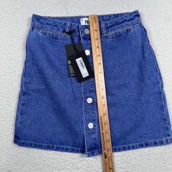 PAIGE Blue Jean Mini Skirt Women 24‎ Esma High Rise A-Line Snap Front Cotton NWT - Picture 7 of 11
